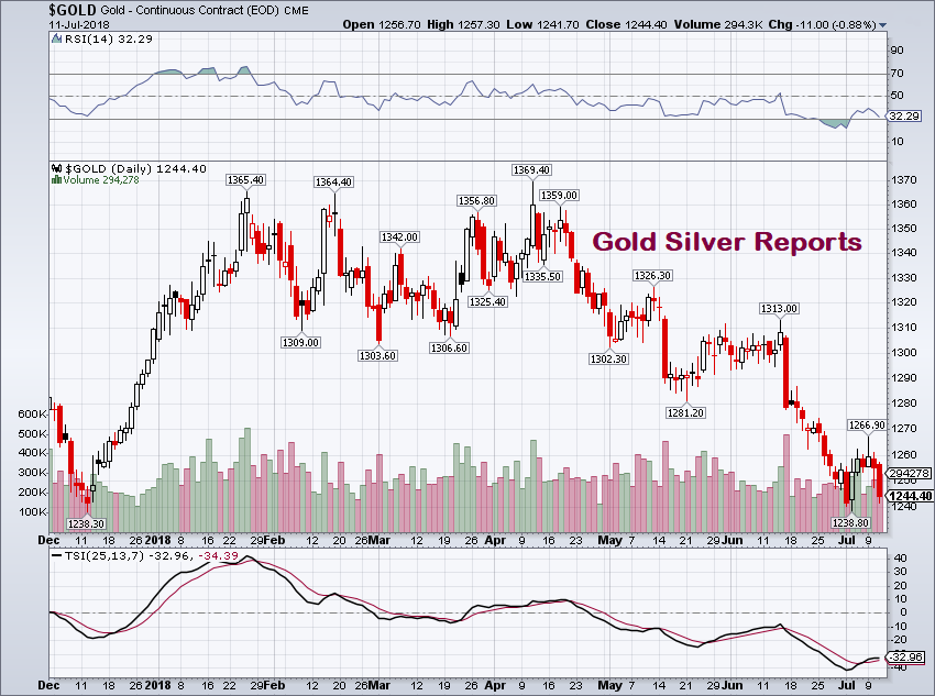 Gold Trades Down and Looks to Test Trend line Support $1238