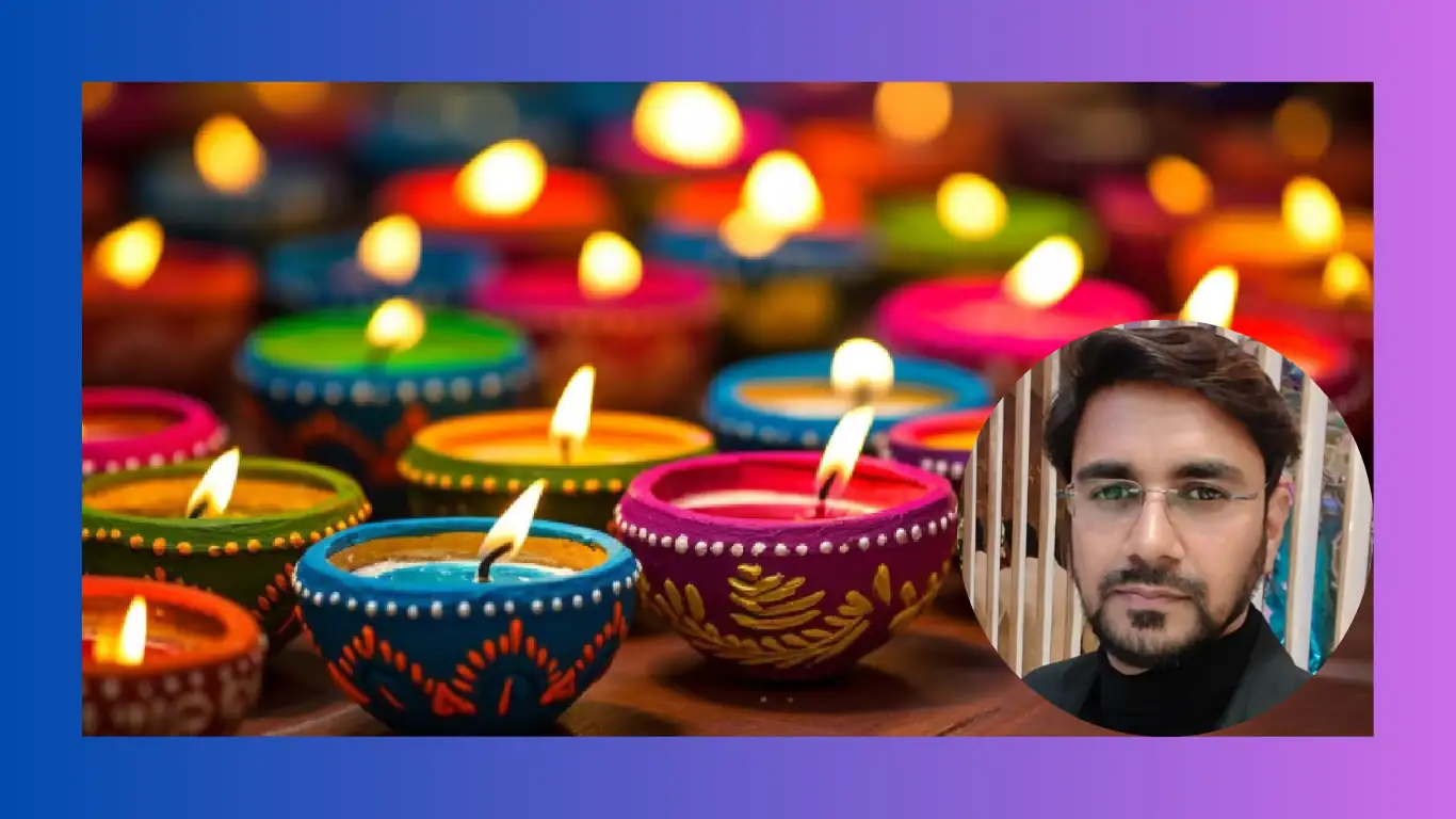 Colorful Diwali diyas with glowing candles and a portrait of Neal Bhai in a circular frame