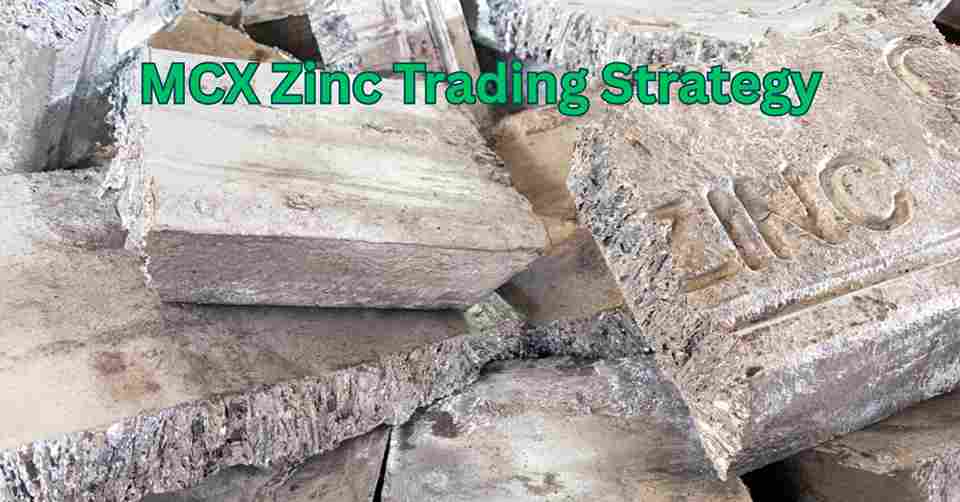 Close-up of stacked zinc ingots with rough metallic texture, overlaid text reading “MCX Zinc Trading Strategy” in green letters.